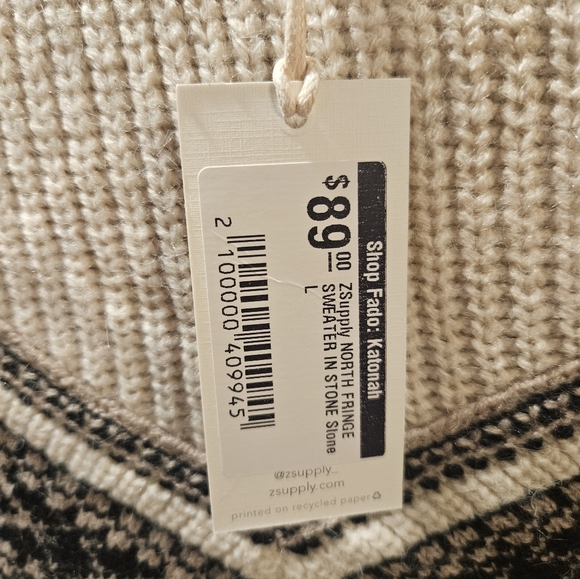 ZSupply Beige Sweater with Black Fringe Pattern Nwt - Picture 5 of 6